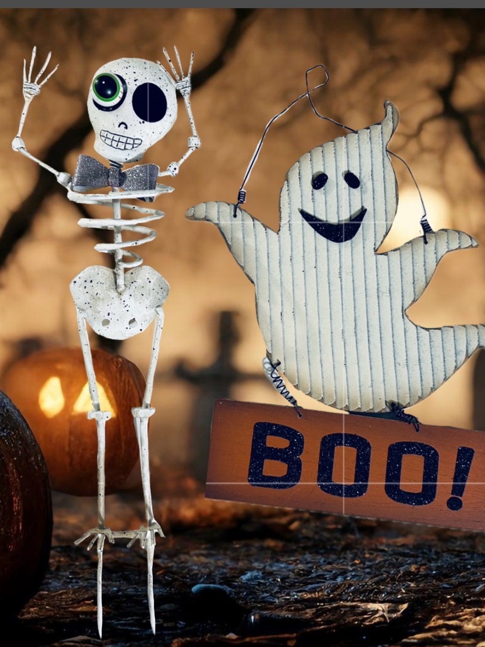 Halloween Decor!! Metal Skeleton Stake & Wood Ghost Sign on Wire Hanger